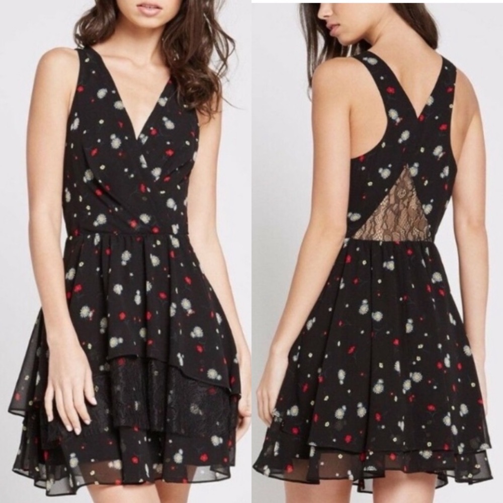 BCBGeneration Falling Daisy Mini Dress w/ Layers & Lace